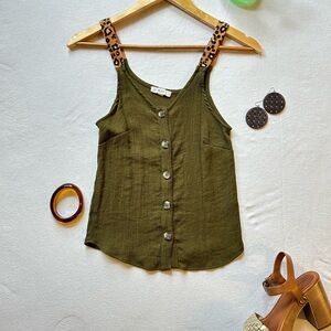 Mine Olive green gauze top w animal print straps